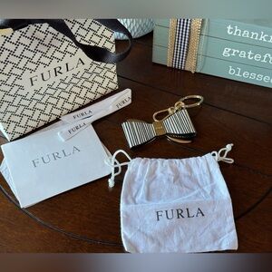 Furla Striped Leather and Gold Bow Keychain Bag Charm Fob